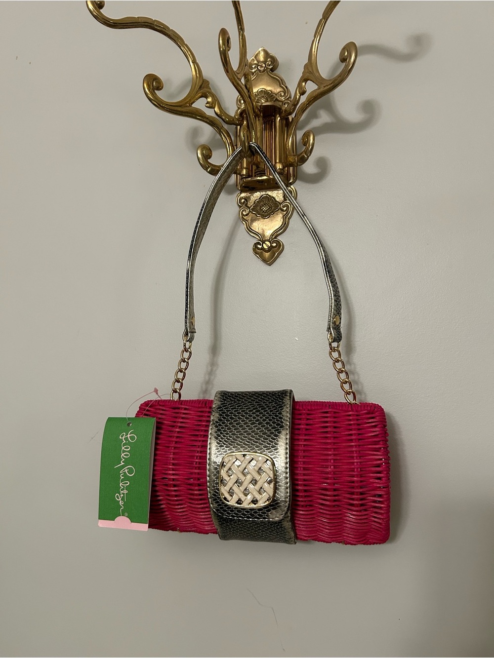 Lilly Pulitzer Hot Pink Woven Clutch with Metallic Accent